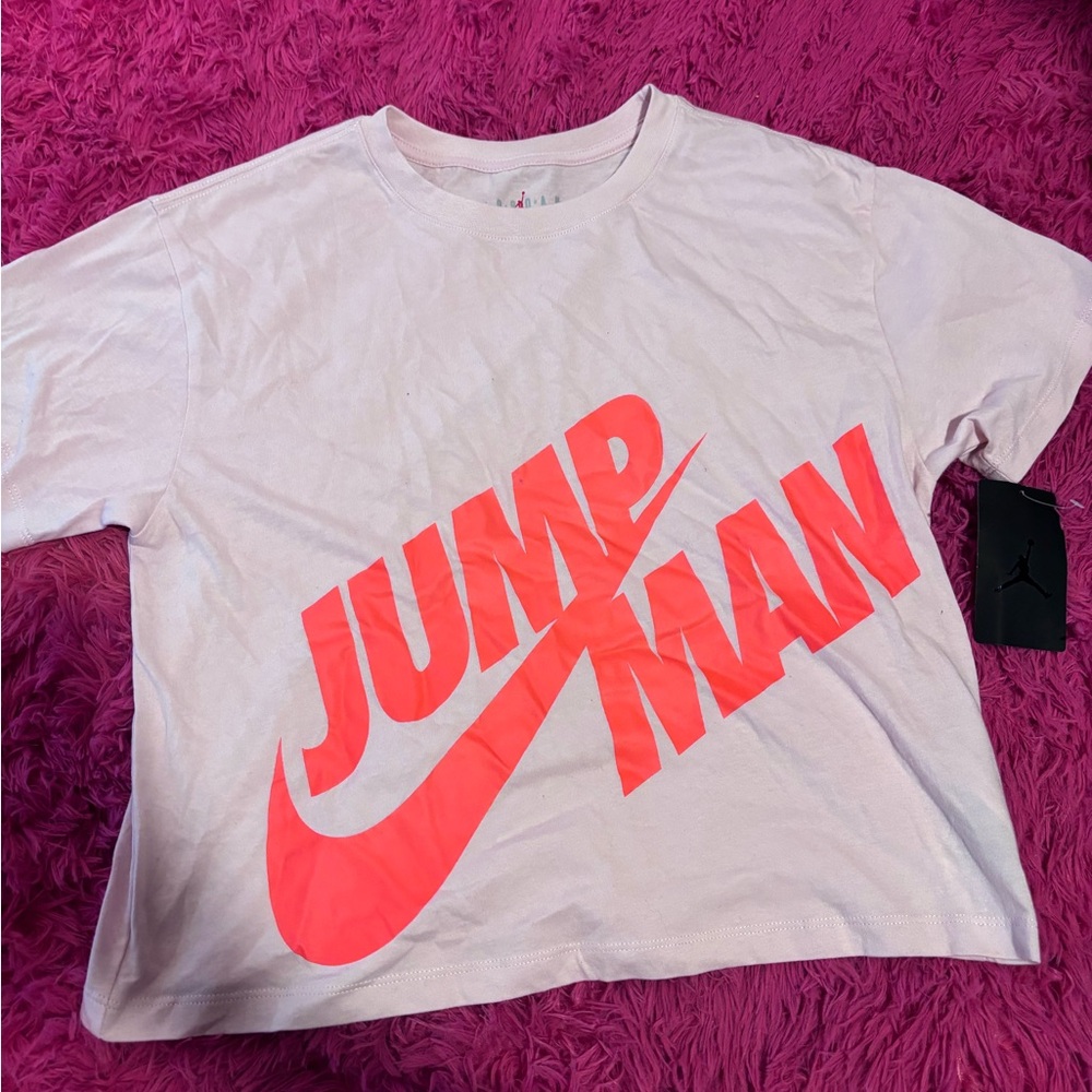 Nike JumpMan Girls Baby Pink Tee with Bold Dark Pink Logo